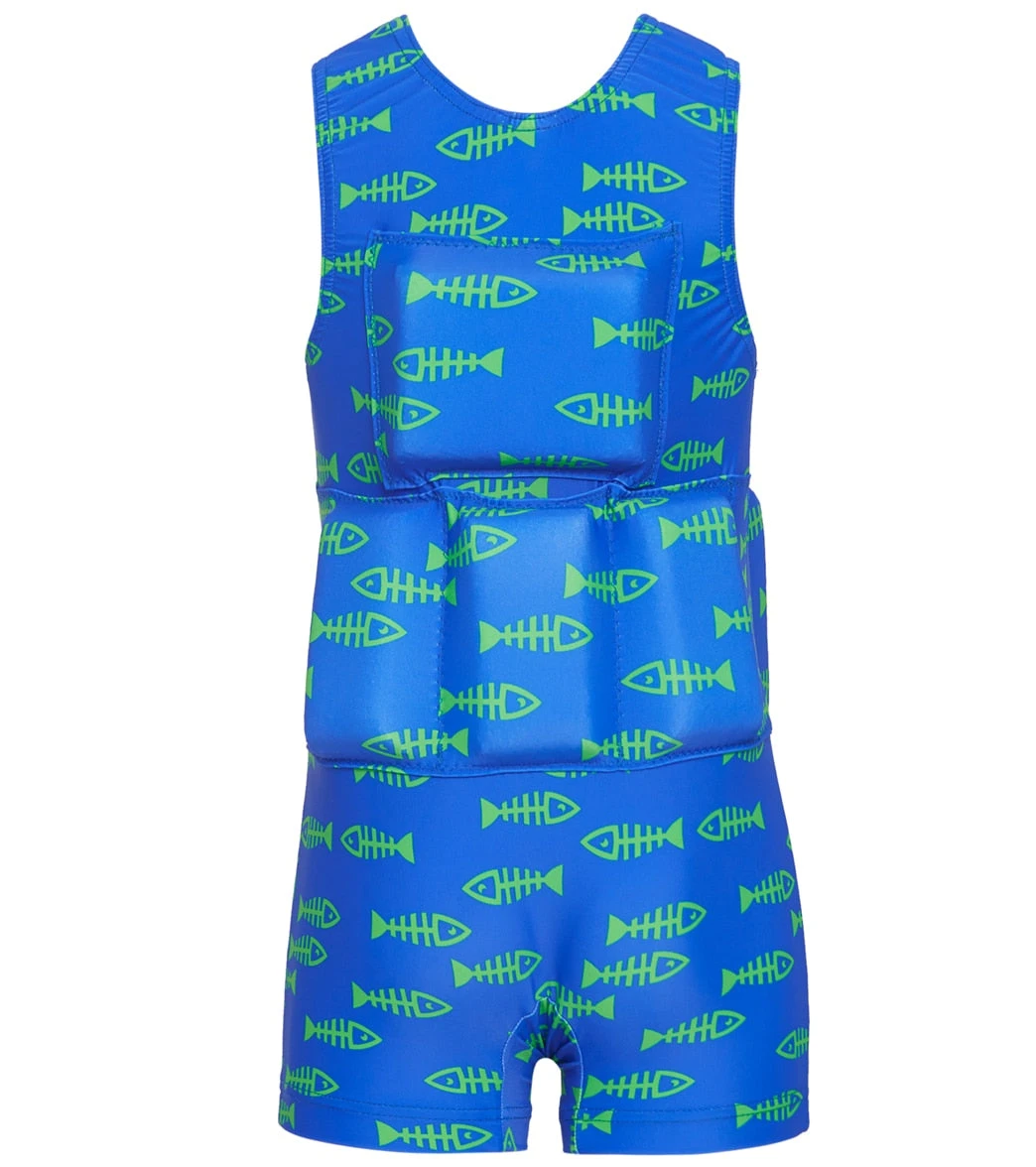 Boy's Bright Blue And Green Fish Bone Flotation Swimsuit - Image 2