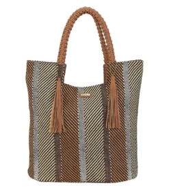 Striped Shoulder Tote W/ Faux Leather Tassels